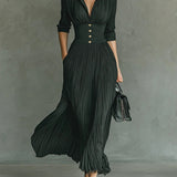 Elvira | Dlhé plisované šaty s klopou a vysokým pásom